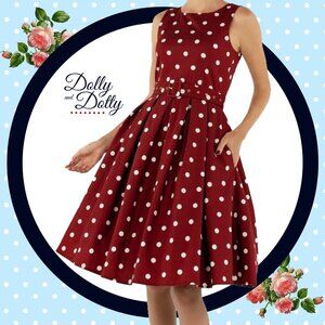 DOLLY & DOTTY “Annie” 50's Polka Dot Dress ~ Burgundy/White. Size US 18 NWOT